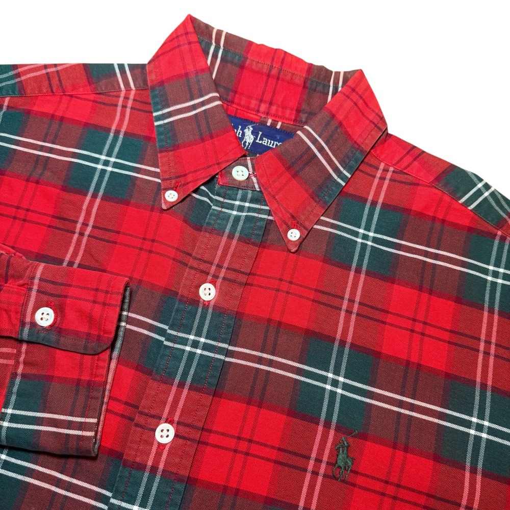 Ralph Lauren Mens M Red Green Plaid Cotton Button Down Shirt Pony Logo Holiday